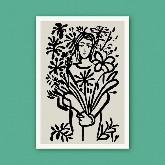 Handgemaltes schwarzes Strichzeichnungsporträt einer Frau mit Blumen Crazy Plant Lady Poster