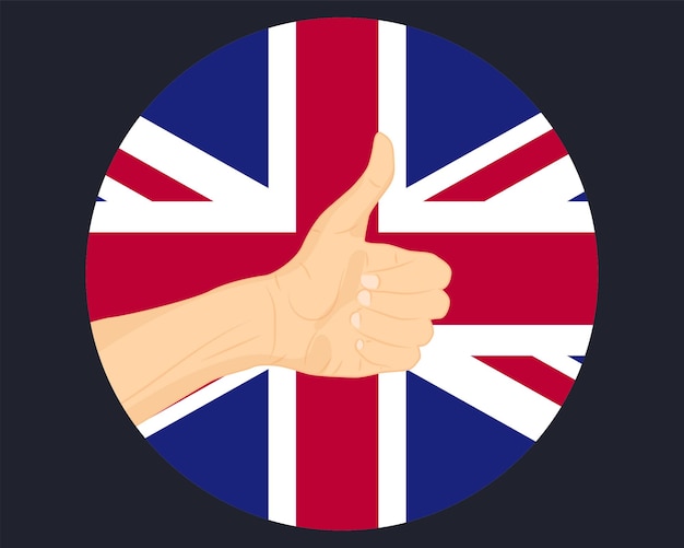 Handgenehmigungszeichen mit der Flagge des Vereinigten Königreichs Daumen nach oben Genehmigung oder Abstimmungskonzept