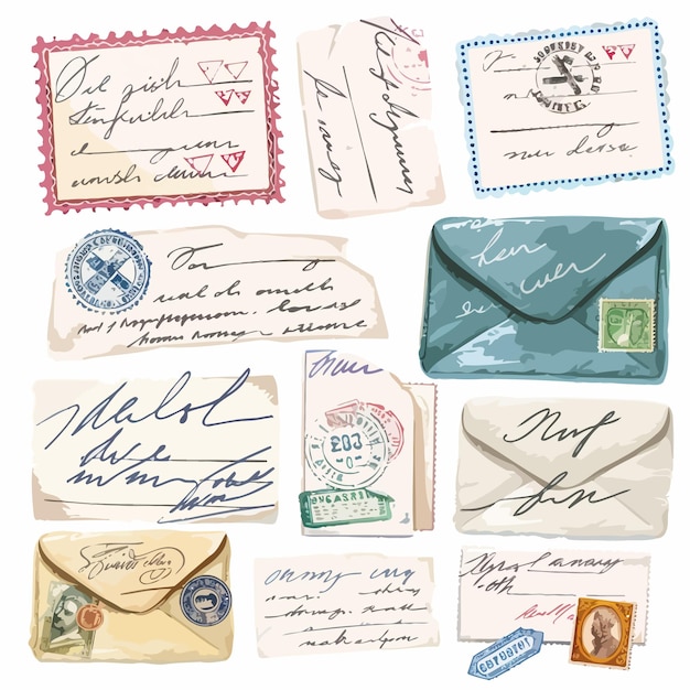 Vektor handgeschriebene briefe mit stempeln und briefmarken