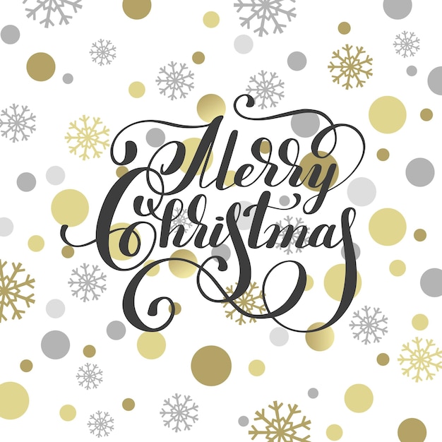 Handgeschriebene Kalligraphie der frohen Weihnachten mit goldenem Schneeflockengrußkarten-Designvektor