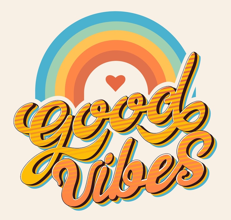 Vektor handgeschriebene schrift good vibes regenbogen positive botschaft boho vektor grafik vintage typografische schrift sagt 70er jahre hippie art groovy künstlerische schriftart