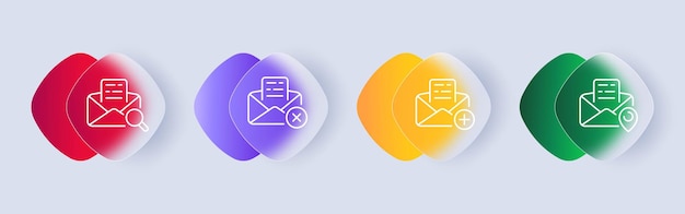 Handgeschriebener Brief-Icon-Satz. Ein Stück Papier, das in einem Umschlag mit einer Briefmarke versiegelt ist. Mail-Konzept. Glassmorphismus-Stil. Vektor-Liniensymbol für Unternehmen und Werbung