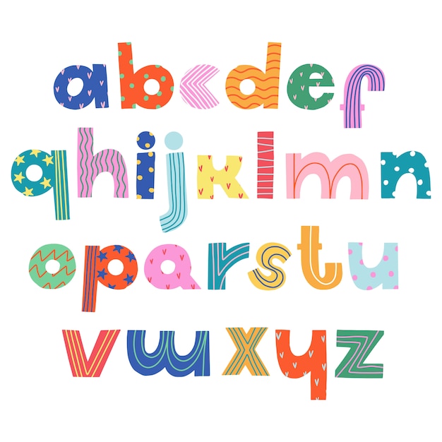 Vektor handgeschriebenes trendiges alphabet. moderne isolierte cartoony-briefe. handgezeichnete isolierte alphabetbuchstaben. gemusterte süße buchstaben. bunte schrift.