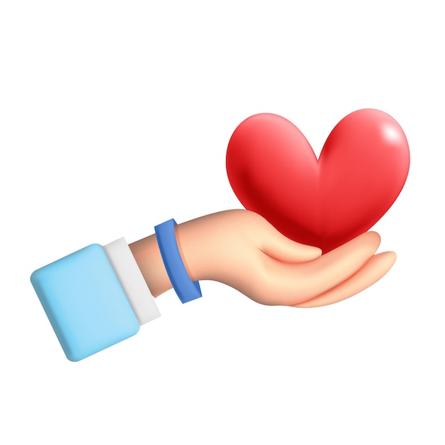 Handgeste des Vektors 3d, die rote Herzform-Designillustration hält. Valentinstag-Plakat. Feedback