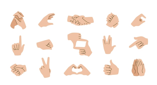 Handgesten, Emoticons Kommunikationssymbole mit Zeigefingern, offenen Handflächen, Armen und Fäusten, Händedruck, Friedens- und Siegessymbole, Herz- und Kamerazeichen, Vektor-Emoji-Aufkleber-Set
