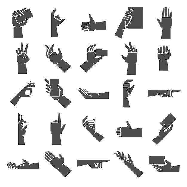 Handgestensilhouette. Zeigende Handgeste, Handvoll geben und in Handvektorsymbol-Illustrationssatz halten