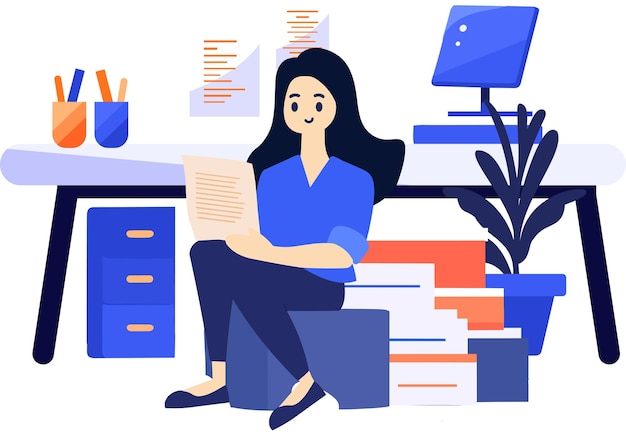 Handgezeichnet Eine weibliche Figur sitzt und liest ein Buch in ihrem Büro im flachen Stil isoliert auf dem Hintergrund