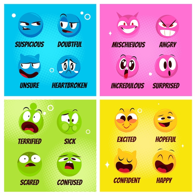 Handgezeichnete abstrakte charakter-emotionskarten-set