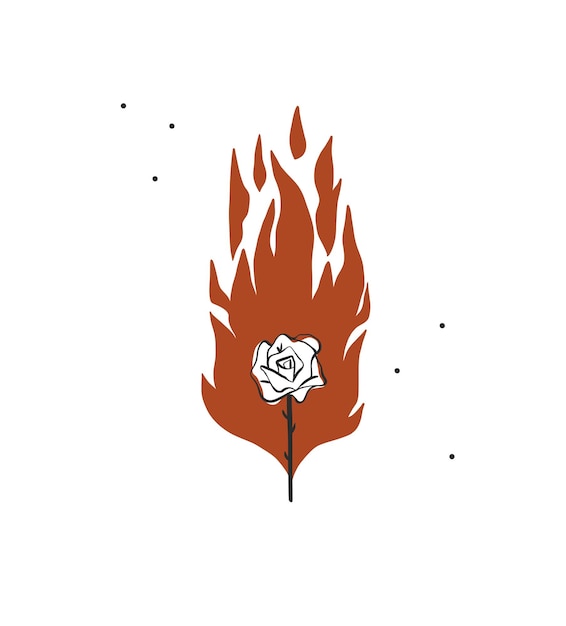 Handgezeichnete abstrakte vektorgrafik-clipart-illustration boho-rosenblume, die in flammenlogoelement brenntweibliches designkonzeptböhmische wilde zeitgenössische kunstcowboy-mädchen moderne zeichnungfeminines logo