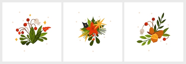 Handgezeichnete abstrakte vektorgrafik frohe weihnachten und ein glückliches neues jahr cliparts illustrationen grußkartenset mit blumen und blätternmerry christmas cute floral design backgroundwinterurlaub kunst