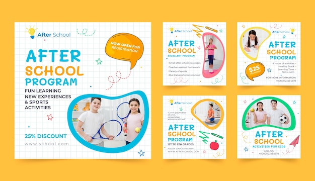 Handgezeichnete Aktivitäten nach der Schule für die Sammlung von Instagram-Posts für Kinder