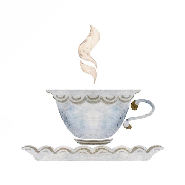 Handgezeichnete Aquarell-Illustration. Teetasse aus weißem und goldenem Porzellan auf Untertasse, Teegeschirr, Küchengeschirr, isoliert auf weißem Hintergrund. Einladungen, Café, Restaurant, Speisekarte, Website-Karten drucken