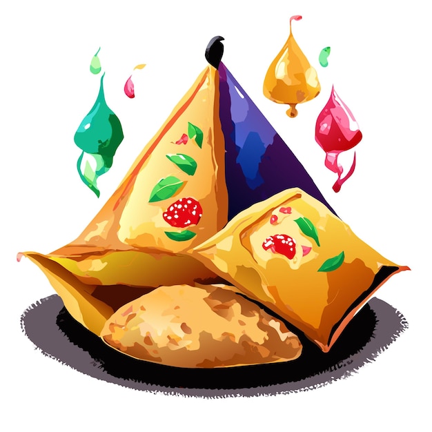 Vektor handgezeichnete aquarell-samosas mit köstlichem essen