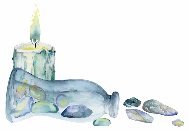 Vektor handgezeichnete aquarelle meer hexe altarobjekte glasfläschchen flasche edelsteine brennende säule wachs kerze zusammensetzung isoliert auf weißem hintergrund design für druckerei magie alchemie