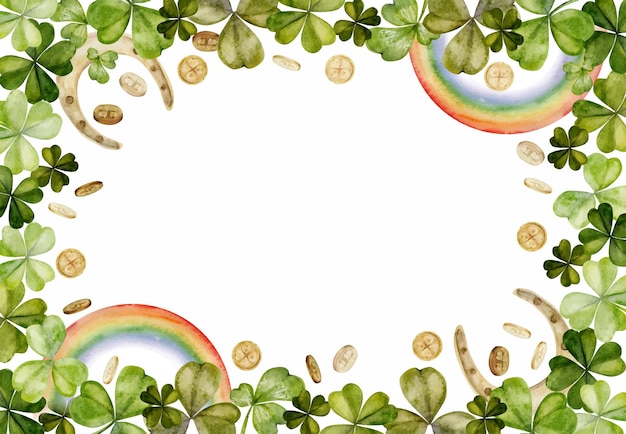 Handgezeichnete aquarellillustration st. patrick feiertag leprechaun goldmünzen grün glückskleber regenbogen irland tradition rahmen isoliert auf weißem hintergrund einladungen drucken website-karten