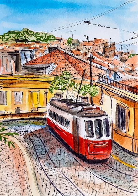 Handgezeichnete Aquarellskizze in Portugal Reise Lissabon Stadtlandschaft mit Straßenbahn und roten Dächern