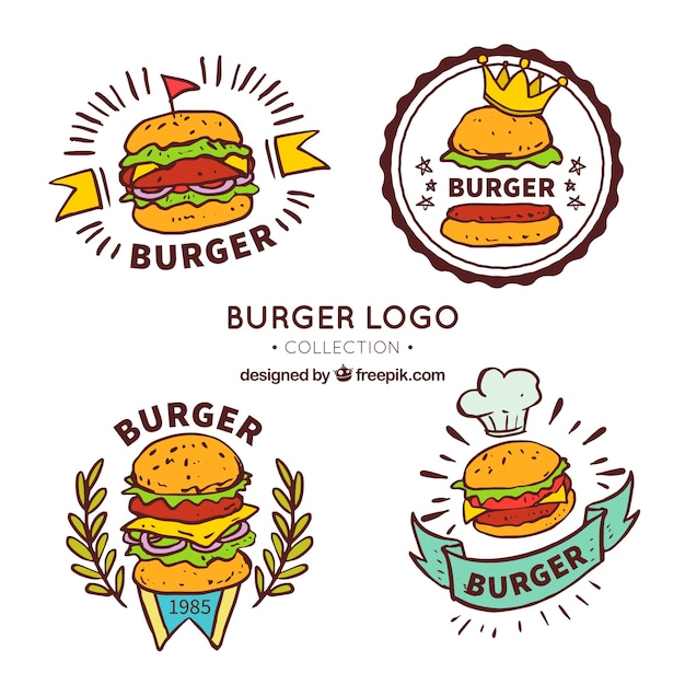 Handgezeichnete auswahl von vier burger logos