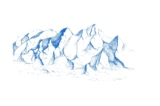 Handgezeichnete berglandschaftxapeaks felsen und hügel im schnee skigebiet