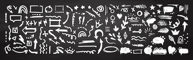 Handgezeichnete Bleistiftfarbenpinselelemente auf der Tafel Hintergrundpinsel mit Bleistift-Effekt Kreide Textur Vektor-Illustration im Kinderstil Bleistiftpinsel Scribble quadratischer Spiralpfeil