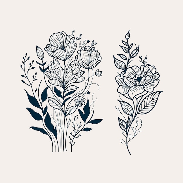 Handgezeichnete blumen bouquet wildblumen set botanische blütenblätter tattoo doodle umrisse zeichnungen