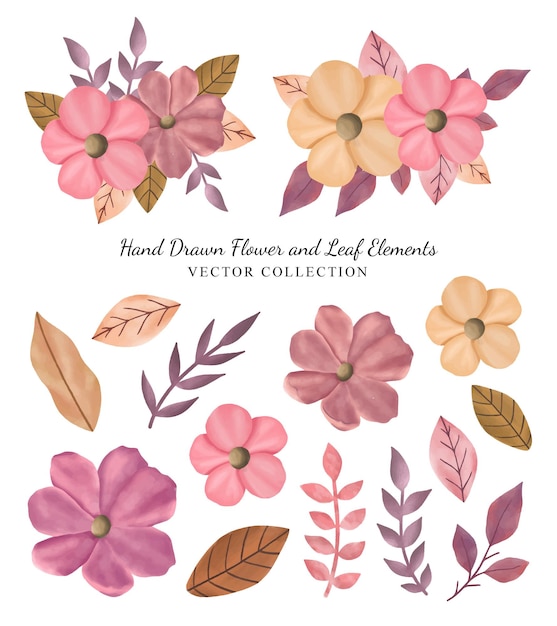 Handgezeichnete Blumen- und Blattelemente-Vektor-Sammlung