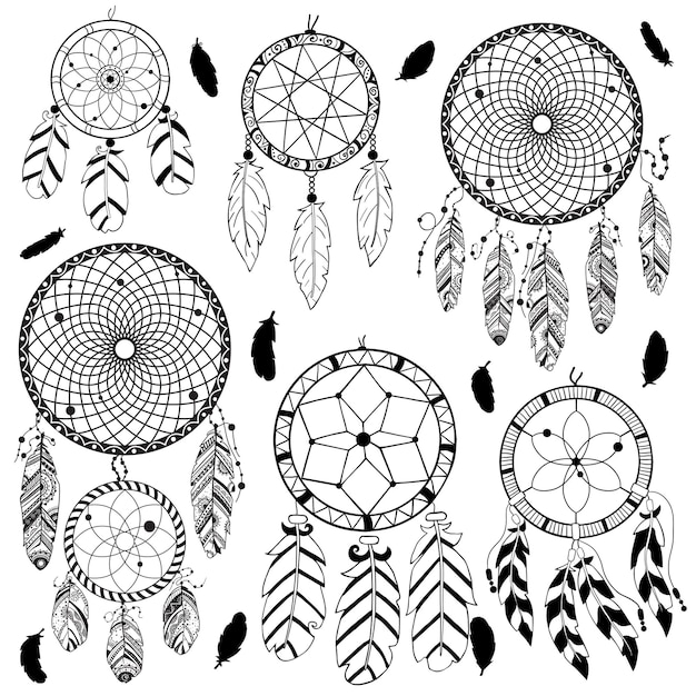 Vektor handgezeichnete boho-traumfänger-illustrationen. native american indian talisman mit federn.