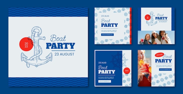 Handgezeichnete Bootsparty-Instagram-Posts