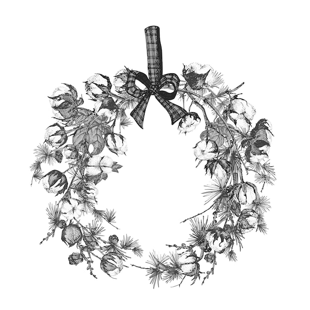 Vektor handgezeichnete botanische skizze girlande mit weihnachtspflanzen vintage gravur schwarz-weiß-stil illustration traditionelle feiertagsdekoration