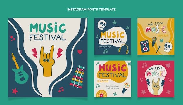 Handgezeichnete bunte Musikfestival-Instagram-Posts
