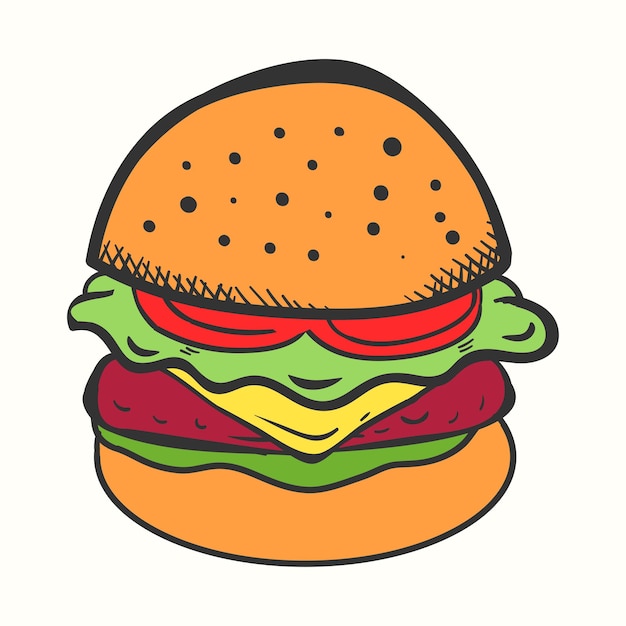 Handgezeichnete burger-illustration mit tomaten-käse-fleisch und salat im doodle-stil