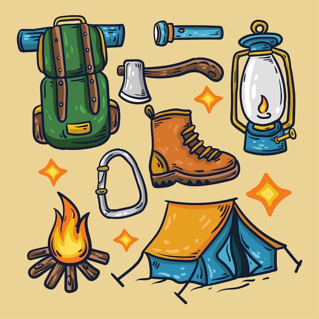 Handgezeichnete camping set illustrationen