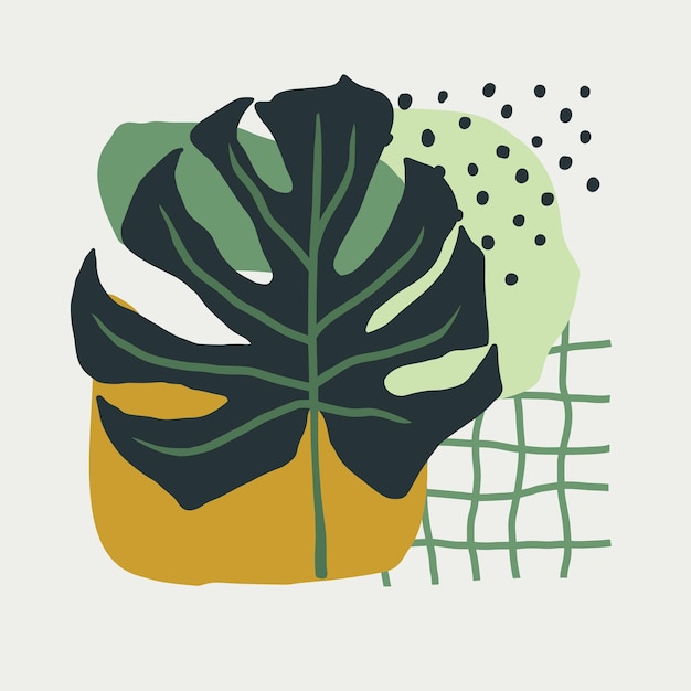 Handgezeichnete collage aus einfachen formen und blättern monstera im skandinavischen stil in grünen farben. konzept für die gestaltung sozialer netzwerke, für poster, postkarten. moderne trendige vektorillustration