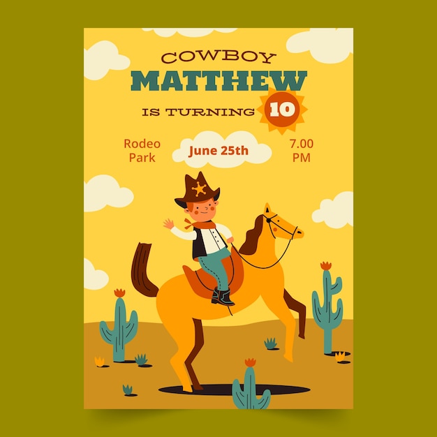 Vektor handgezeichnete cowboy-party-einladung
