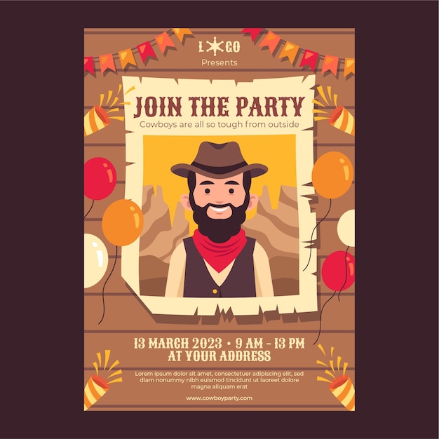 Vektor handgezeichnete cowboy-party-poster-vorlage