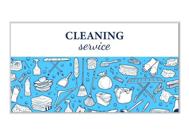 Handgezeichnete design-visitenkarte für den reinigungsservice clean tools banner handgezeichneter doodle-stil
