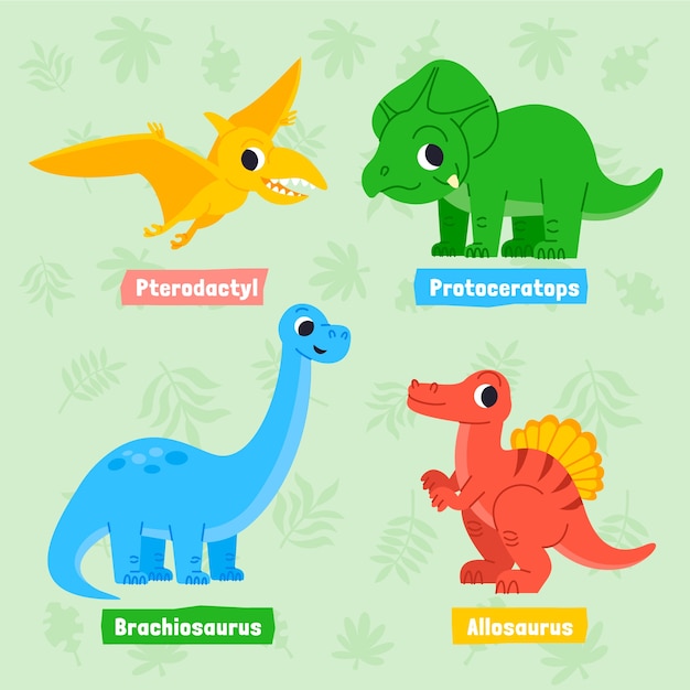 Vektor handgezeichnete dinosauriernamen-elementsammlung