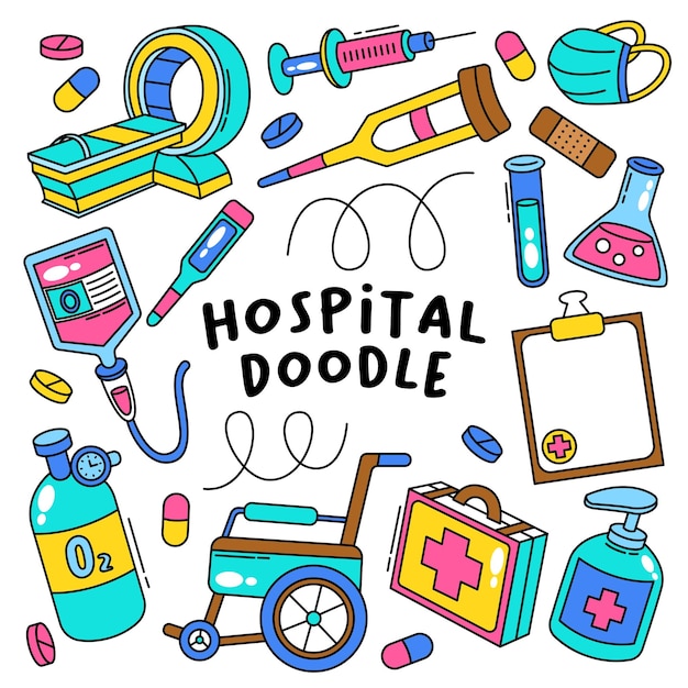 Handgezeichnete Doktor- und Krankenhaus-Droodle-Vektorillustration
