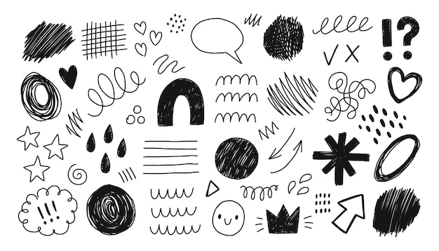 Handgezeichnete Doodle-Designelemente schwarz auf weißem Hintergrund