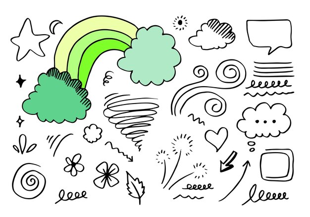 Handgezeichnete doodle-designelemente, windstöße, betonung, pfeilkronenlinie, regenbogen