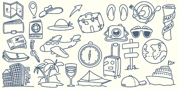 Vektor handgezeichnete doodle-reiseelemente, reise um die welt mit touristischer ausrüstung wie karte, hut, tasche, kleidung, kamera, reisepass, geld, schiff, flugzeug, kompass und hotel isoliert auf weißem hintergrund