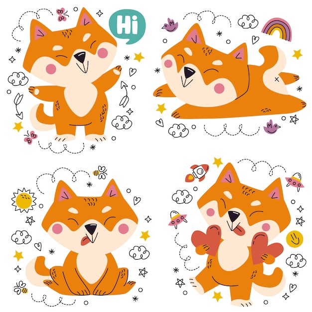 Handgezeichnete doodle-shiba-inu-aufkleber-sammlung