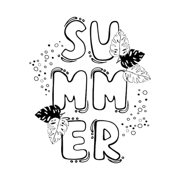 Vektor handgezeichnete doodle-skizze von handgeschriebenen schriftzügen sommer, kontur und schwarze silhouette palmblätter, blasen. urlaub urlaub abbildung. flacher vektor der karikatur für grußkarte, einladung