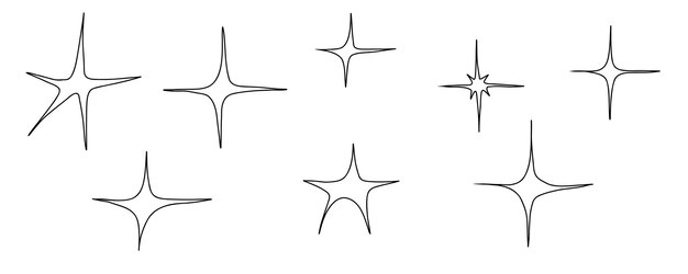Vektor handgezeichnete doodle sparkle funkelnde sterne-symbole. satz von vektor-glitzer-stern-symbolen. helles magisches feuer