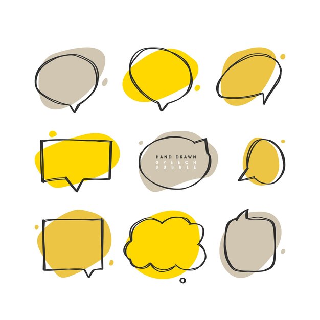 Handgezeichnete Doodle-Sprechblasen mit Akzent, gefüllt mit Pinselstrichen und abstrakter trendiger Form.