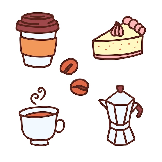 Vektor handgezeichnete elemente aus einem kaffeeschaffensatz kaffee und stück kuchen illustration