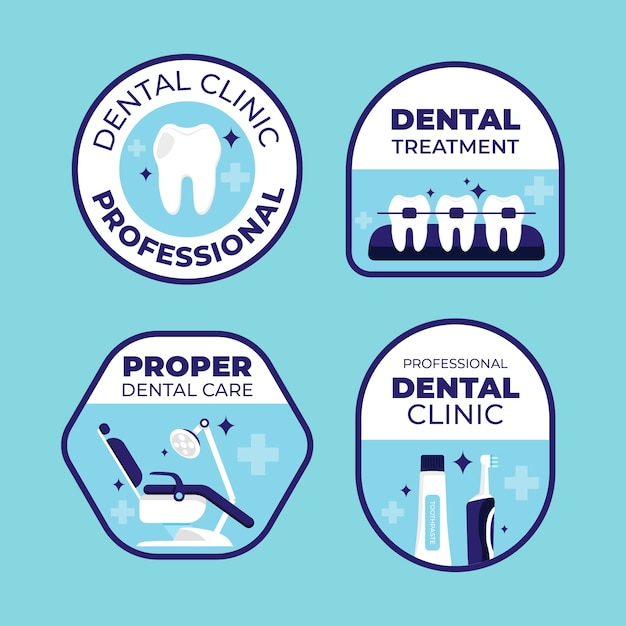 Vektor handgezeichnete etiketten für zahnkliniken
