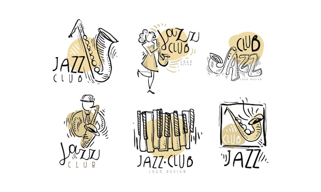 Handgezeichnete Etiketten oder Logos Vektor-Set für Jazzfestivals oder Live-Konzerte