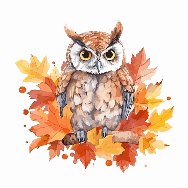 Handgezeichnete eulen-cartoon-illustration herbststil aquarell-eule