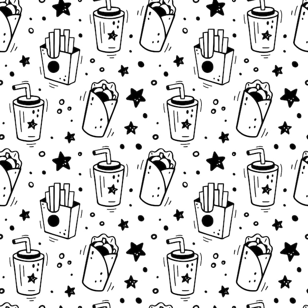 Handgezeichnete fast-food-combo nahtloses muster comic-doodle-skizzenstil vektor-fast-food-illustration skizze eines döner-pappbechers mit pommes-frites-box und stern
