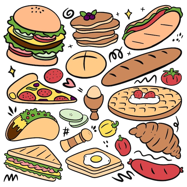 Handgezeichnete fast-food-doodle-set vektor-cliparts